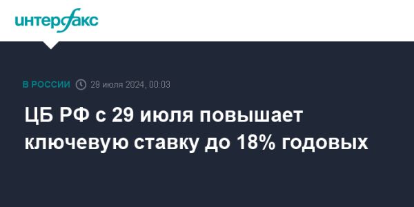 Центральный банк России повышает ключевую ставку до 18 процентов